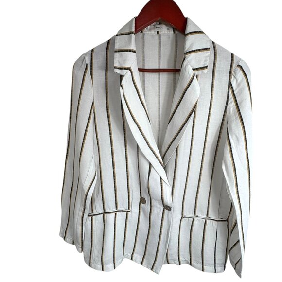 MNG Mango White Striped Linen Blend Double Breasted Blazer - Picture 3 of 8
